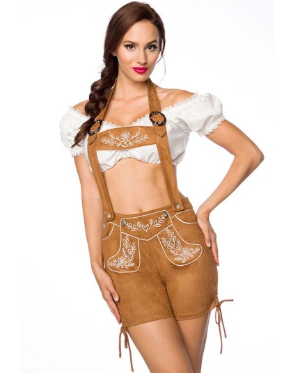 Brun Lederhosen til Dame med Broderi og Lommer Strl 38