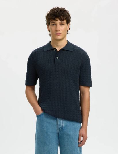 Selected Slhmattis Ss Knit New Cable Polo   Navy   M