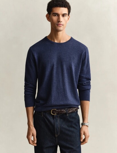 GANT Slub Cotton Linen C Neck Navy M