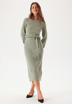 BUBBLEROOM Round Neck Rib Knitted Midi Dress Dusty green S