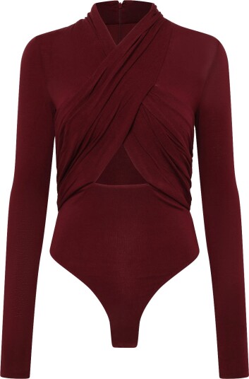 Bardot Aliyah Jersey Wrap Bodysuit BURGUNDY 34