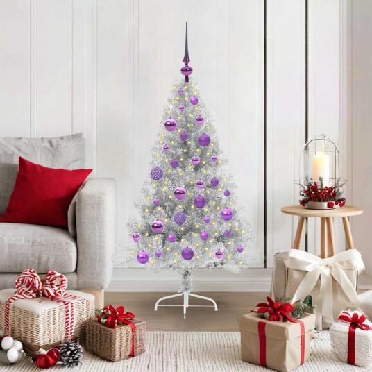 Kunstig Forhåndsopplyst Juletre med 150 LED sølv 120 cm PET