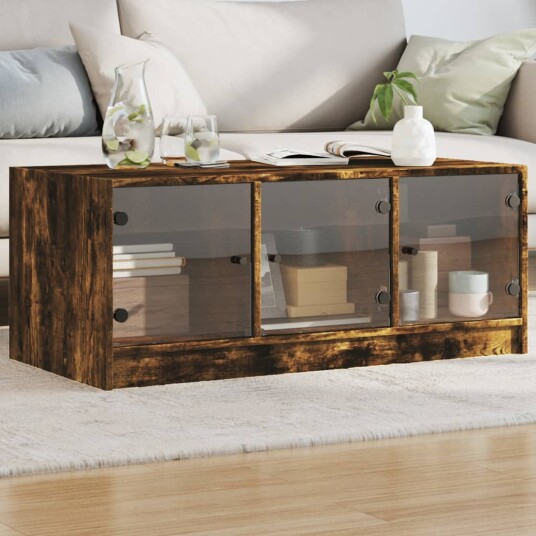 Salongbord med glassdører røkt eik 102x50x42 cm 8721012213678 Salongbord med glassdører røkt eik 102x50x42 cm 8721012213678