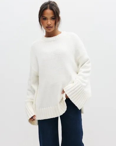 Pieces Hvit Pcanna Ls Oversize O Neck Knit Bc