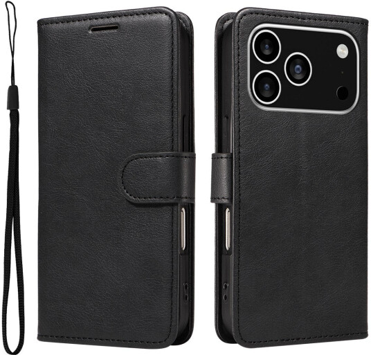 EIDERWOOD iPhone 17 Pro Deksel i Kunstskinn med Lommebok & Stropp Svart