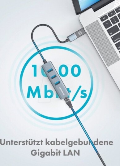 Graugear Usb-Hub, 3X Usb 3.0 Type-A Gbit Lan, Inkl. Usb-C-Adapter - Sølv