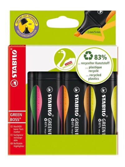 STABILO Grønn BOSS 4 ass. colours highlighter with water-based ink refillable 83% recycled plastic STABILO Grønn BOSS 4 ass. colours highlighter with water-based ink refillable 83% recycled plastic