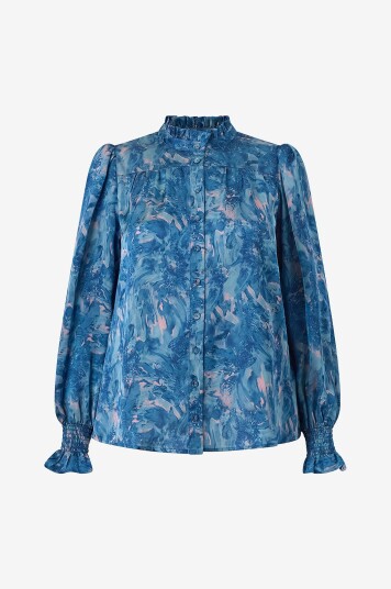 NO. 1 BY OX Bluse Shirt w Flair Neckline And LS Smock Cuffs Flair Blå