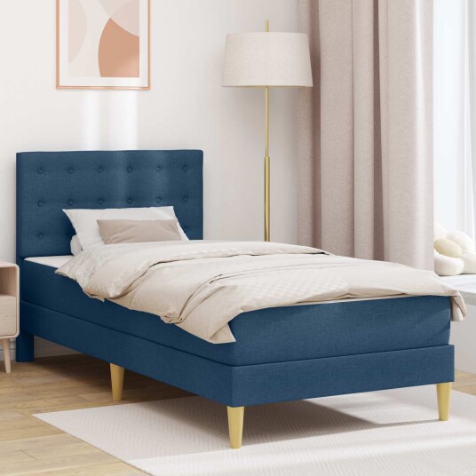 Sengeramme med madrass med hodegjerde Blå 90 x 190 cm stoff