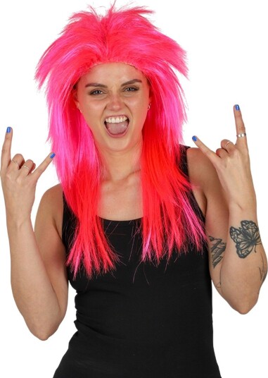 Neonrosa 80-talls Rocker Parykk - Lang Med Hockeyfrisyre