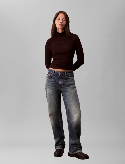 Calvin Klein Jeans Ls Woven Label Turtleneck   Burgundy   XXS
