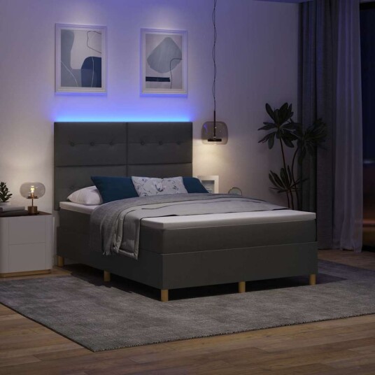 Bokspring Seng med Madrass & LED Mørk Grå 160x200 cm Stoff Bokspring Seng med Madrass & LED Mørk Grå 160x200 cm Stoff