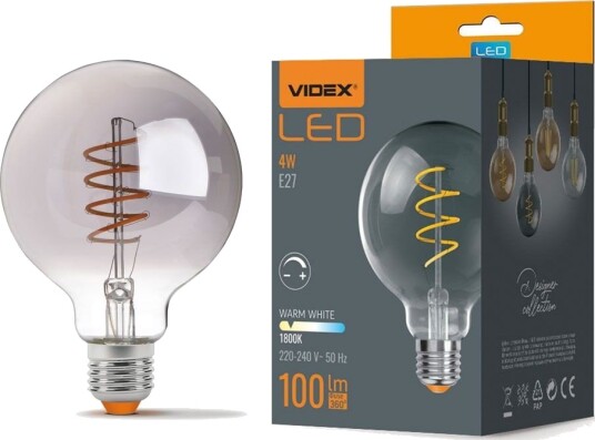 Videx E27 4W dimbar LED pære   G95 spiral filament grafitt glass 1800K 360°   Dimbar : Dimbar Kulør : Ekstra varm