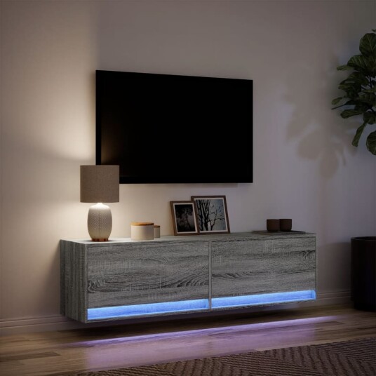  Vegghengt TV-benk med LED grå sonoma 140x31x38 cm 8721102969393