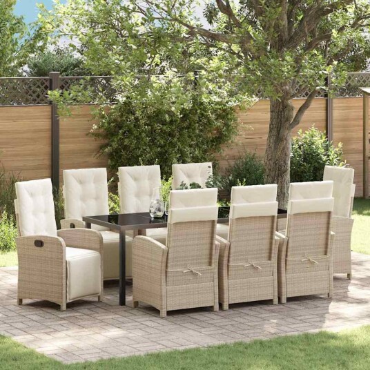 9 Delt Hage Spisegruppe med Puter Beige Poly Rattan