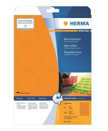 HERMA Neon labels A4 Ø 60 mm round luminous orange permanent adhesion