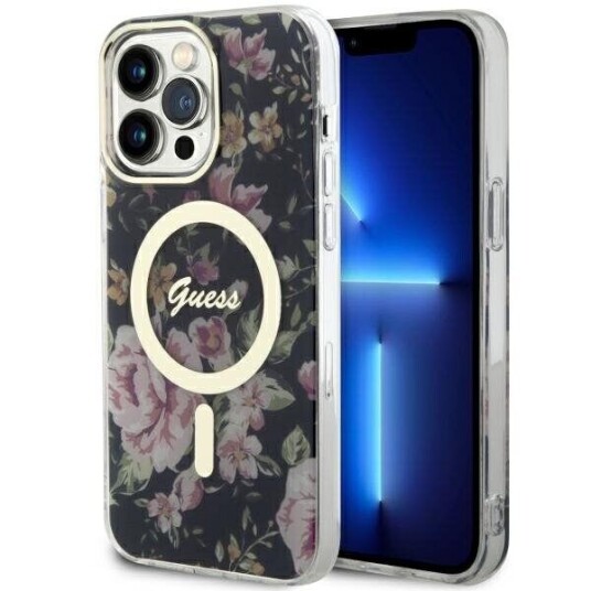 Guess Mobildeksel til iPhone 14 Pro Max 6,7" MagSafe Hardcase Svart Blomsterdesign