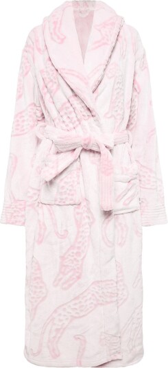 Chelsea Peers Fleece Burnout Lino Cut Leopard Print Long Dressing Gown   PINK   40