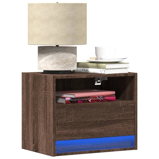Vegghengt nattbord med LED-lys 2 stk brun eik 8721102966385