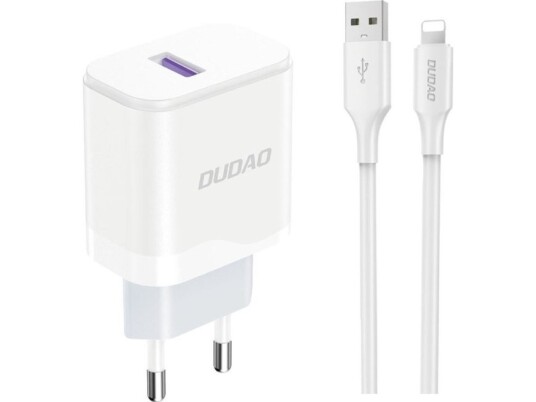 Dudao A20eu Usb-A 18W Nettverkslader - Hvit + Usb-A - Lightning-Kabel