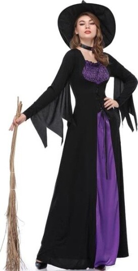 Halloween Klassisk Heksekostyme til Dame Lilla med Hatt