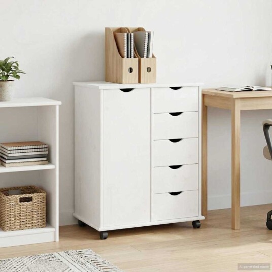 vidaXL Rullende skap med hjul Hvit 63,5 x 39 x 79 cm Massiv furu