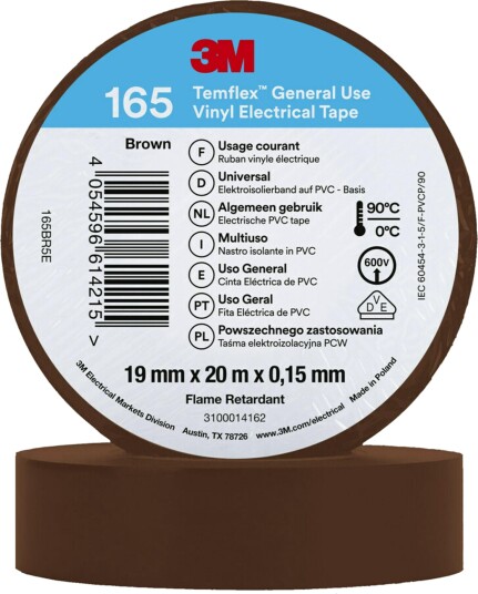3M Temflex 165 20m x 19mm Byggtape Brun for Elektroverktøy