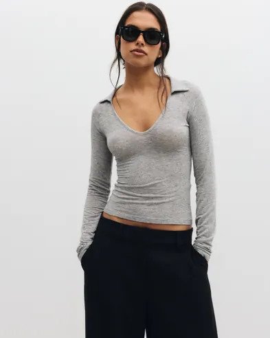 Nelly - Grå - Soft Wool Blend Collar Top