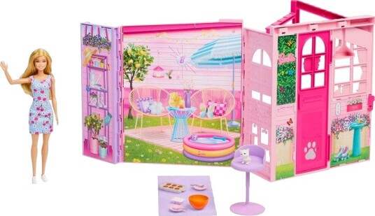 Barbie Sammenleggbart Dukkehus Med Barbie-Dukke Og Tilbehør Barbie Sammenleggbart Dukkehus Med Barbie-Dukke Og Tilbehør