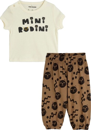 Mini Rodini Katter Baby Sett Offwhite Mini Rodini 56/62 T skjorte Brun Hvit 56 62