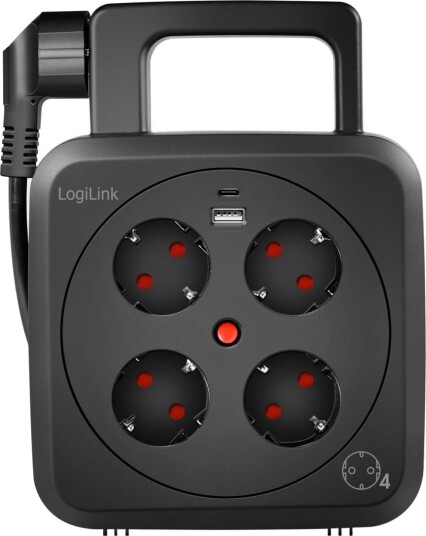 Logilink Kabeltrommel 5 Meter 4 Jordede Stikkontakter + Usb a/usb c 20W IP20