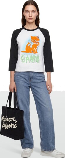 Ganni Family 3 0 Cat Print Cropped T Shirt White S