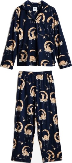 Chelsea Peers Lunar Bunny Print Button Up Long Pyjama Set   NAVY   16