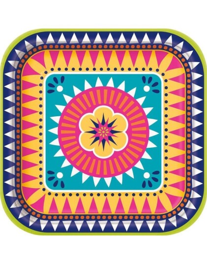 Unique 10 stk Firkantede Tallerkener med Bohemsk Meksikansk Tema 22 cm Boho Fiesta 73445
