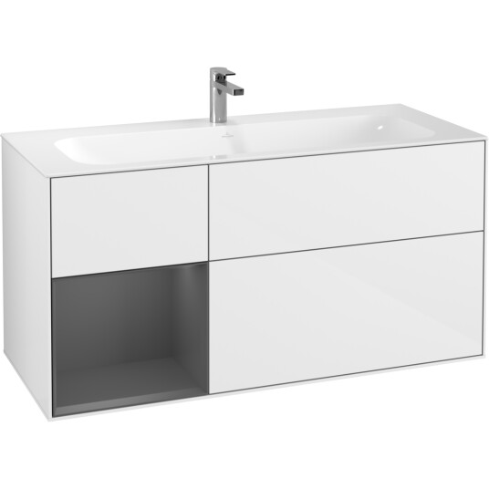 VILLEROY & BOCH FINION SERVANTSKAP 120 HVIT HØYGLANS LAKK EMOTION-LYS, VENSTRESTILT ANTRASITTGRÅ HYLLE VILLEROY & BOCH FINION SERVANTSKAP 120 HVIT HØYGLANS LAKK EMOTION-LYS, VENSTRESTILT ANTRASITTGRÅ HYLLE