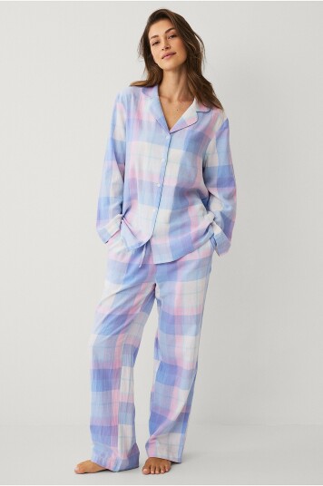 Ellos Collection Flanell Pysjsett Dame Blå med V-hals og Elastisk Midje