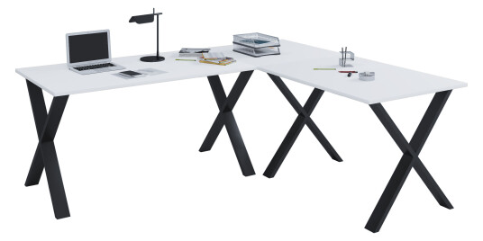 Lona hjørneskrivebord 160x160x50 cm X-ramme hvit, svart.