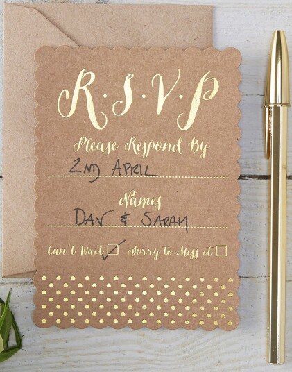 10 stk Brune RSVP Kort med Folierte Gullprikker   Vintage with Gold