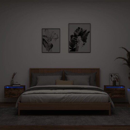 Vegghengte nattbord med LED-lys 2 stk røkt eik 8721012254190