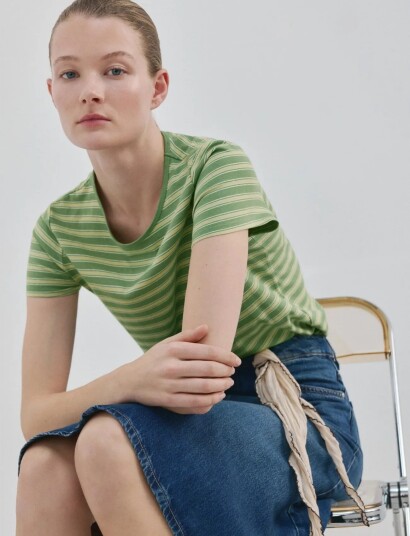 Mango Striped Cotton T Shirt Green XL Mango Striped Cotton T Shirt Green XL