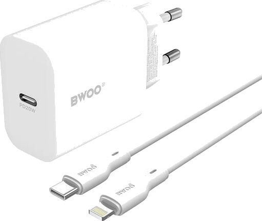 BWOO Vegglader med PD 20W 1x USB C med USB C Lightning kabel Hvit BWOO Vegglader med PD 20W 1x USB C med USB C Lightning kabel Hvit