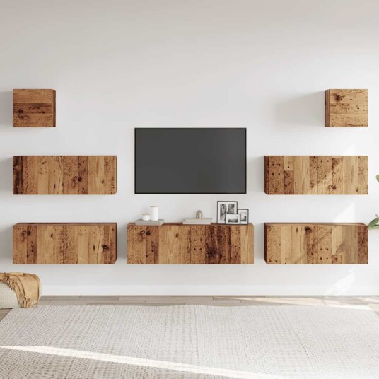  TV-skapsett 7 deler veggmontert gammelt tre konstruert tre 8721158760333