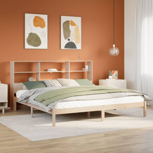 Seng med bokhylle uten madrass 200x200 cm heltre furu 8721158603821