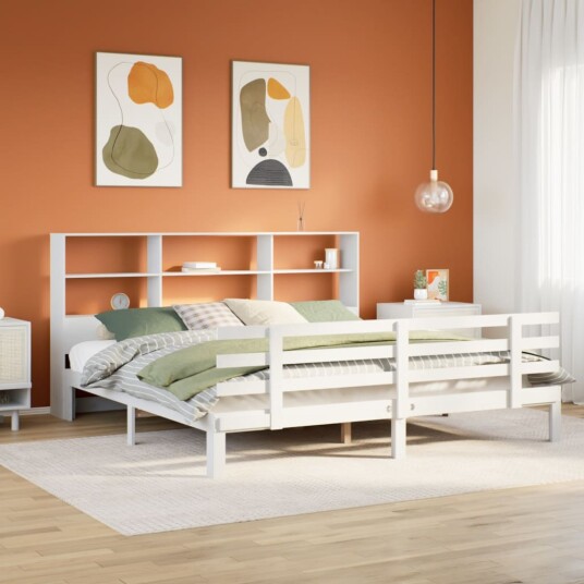 Seng med bokhylle uten madrass hvit 200x200 cm heltre furu 8721158615534