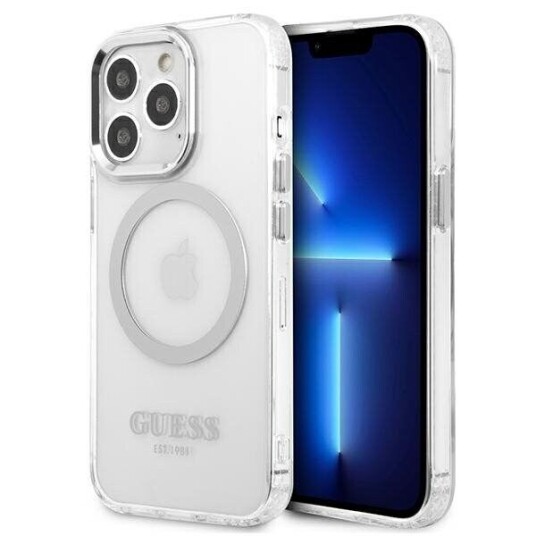 Guess Hardt Mobildeksel for iPhone 13 Pro / 13 med MagSafe Sølv Metallkonturer Guess Hardt Mobildeksel for iPhone 13 Pro / 13 med MagSafe Sølv Metallkonturer