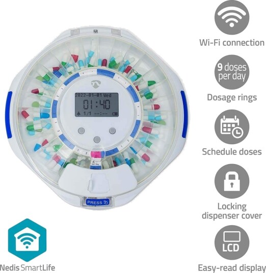 SmartLife Pilledispenser | Wi Fi | 28 Rom | Antall alarmtider: 9 alarmtider per dag | Lys / Pip / Stemme | LCD skjerm | Hvit SmartLife Pilledispenser | Wi Fi | 28 Rom | Antall alarmtider: 9 alarmtider per dag | Lys / Pip / Stemme | LCD skjerm | Hvit