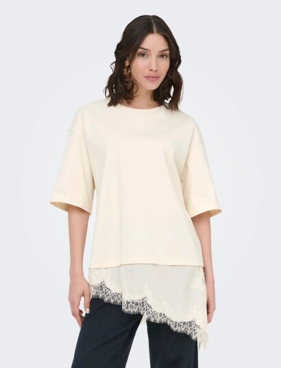 JDY Jdyalma 2/4 Lace Detail T Shirt Jrs Exp Cream XS