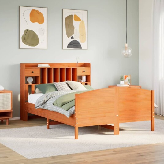 Seng med bokhylle uten madrass voksbrun 140x200 cm heltre furu 8721158619327