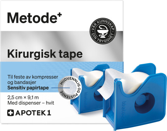 Metode kirurgisk tape 2,5 cm x 9,1 m hvit med dispenser 1 stk