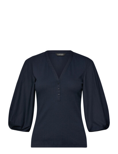 Lauren Ralph Lauren Rib-Knit Balloon-Sleeve Henley Top - Navy - XS